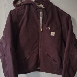 Vintage Carhartt WJ141 Purple Chor Duck Canvas Hooded Sherpa Lined Jacket Sz XL